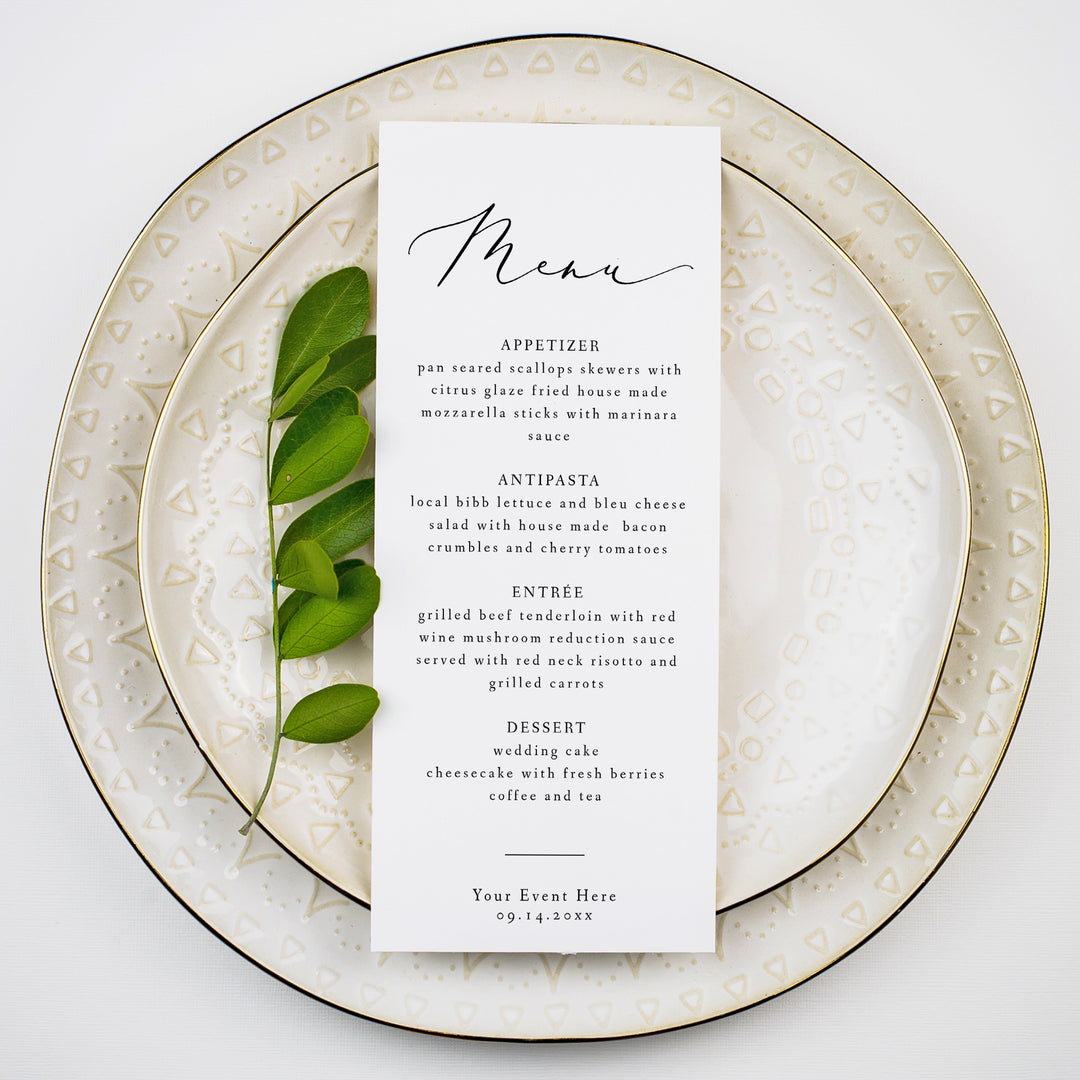 EVELYN Elegant Black and White Wedding Menu Cards