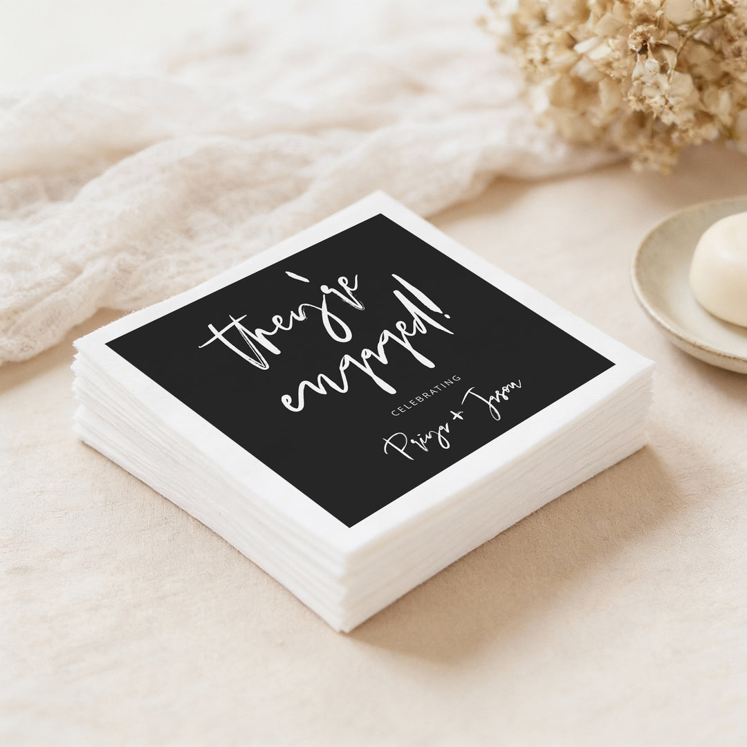PRIYA They're Engaged Minimalist Black Engagement Napkins