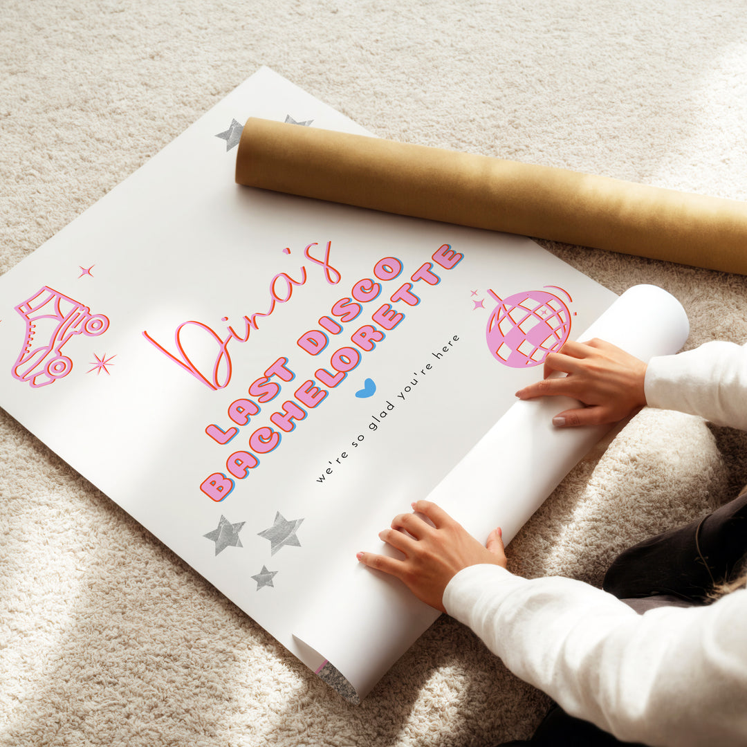DINA Hot Pink & Glitter Last Disco Bachelorette Welcome Sign