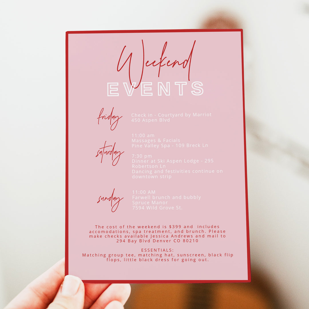 HENLEY Retro Pink Bachelorette Weekend Invitations and Itinerary
