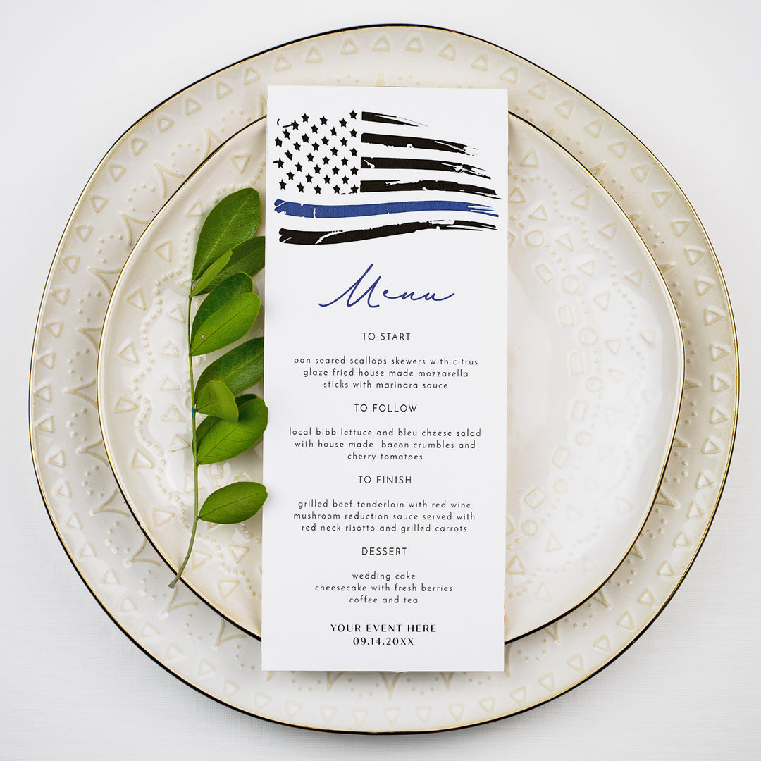 POLICE Flag Thin Blue Line Graduation or Retirement Party Menu Cards