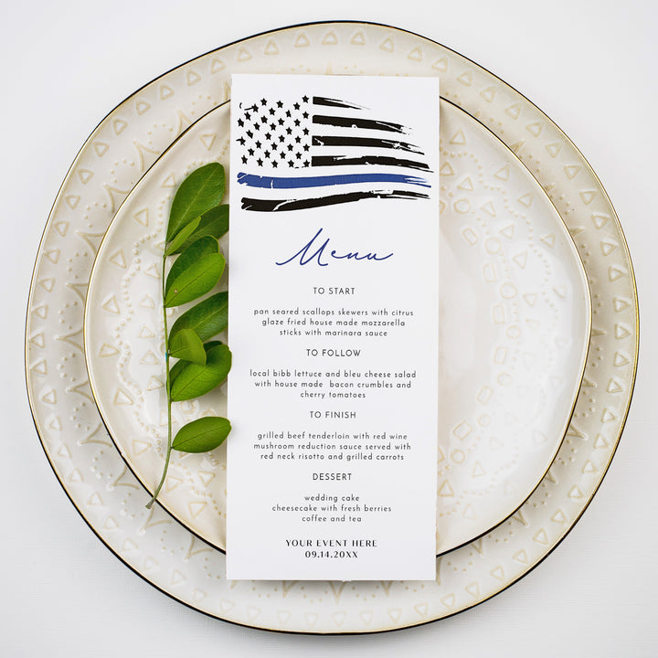 POLICE Flag Thin Blue Line Graduation or Retirement Party Menu Cards