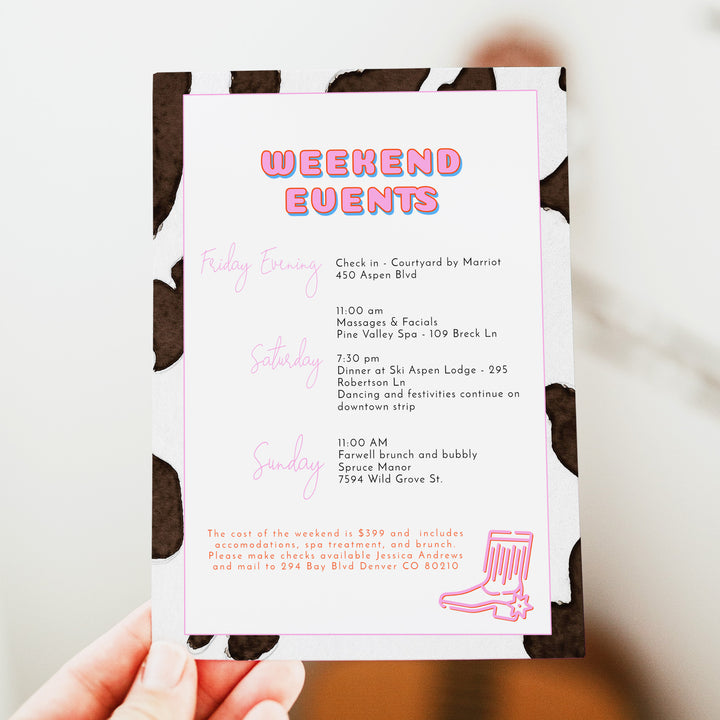 DINA Scottsdale Disco Cowgirl Bachelorette Invitation & Itinerary