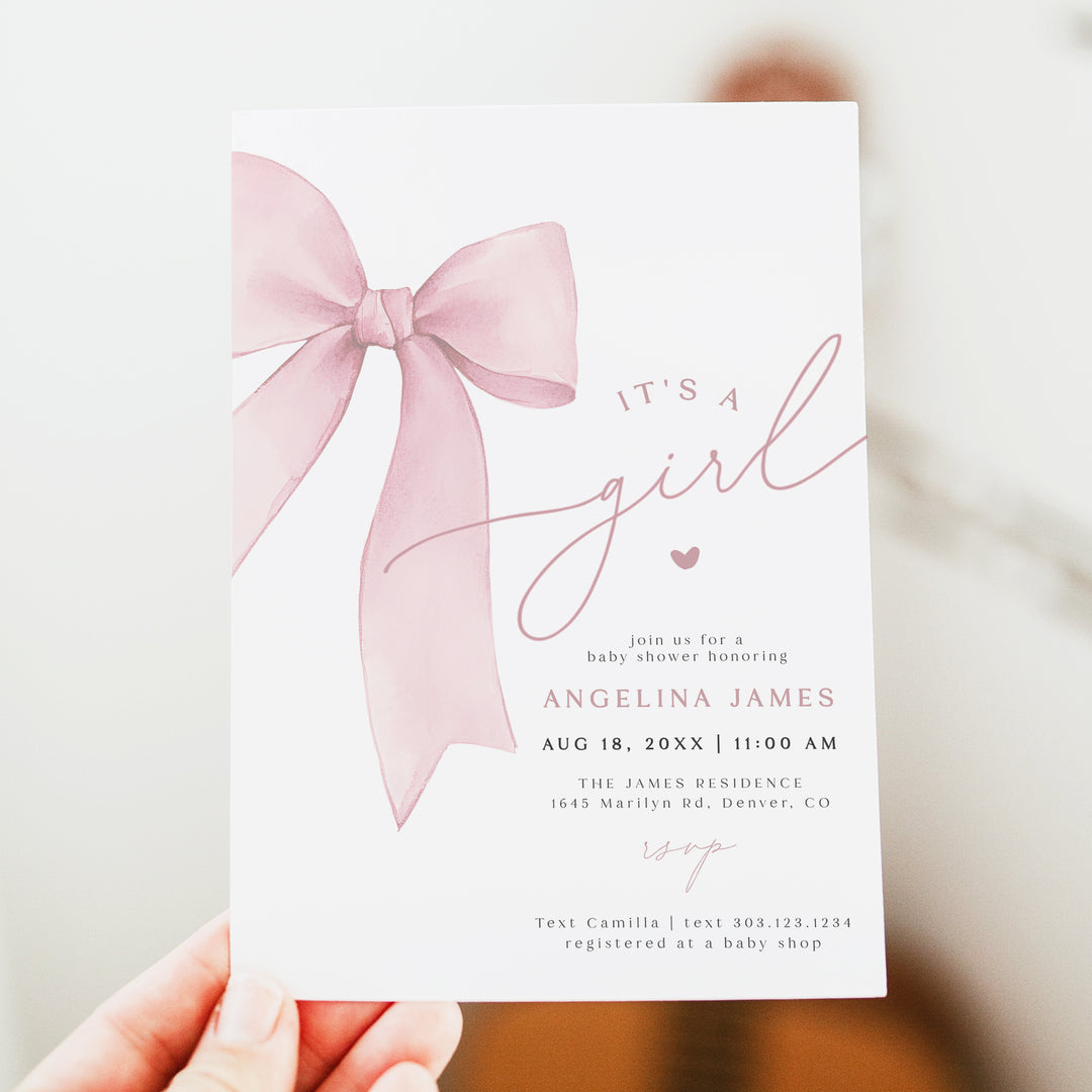 ANGELINA Blush Pink Bow Baby Girl Shower Invitation