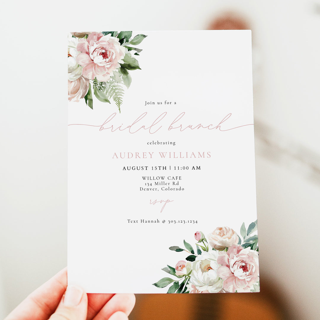 AUDREY Blush Pink Peony Floral Bridal Shower Brunch Invitation