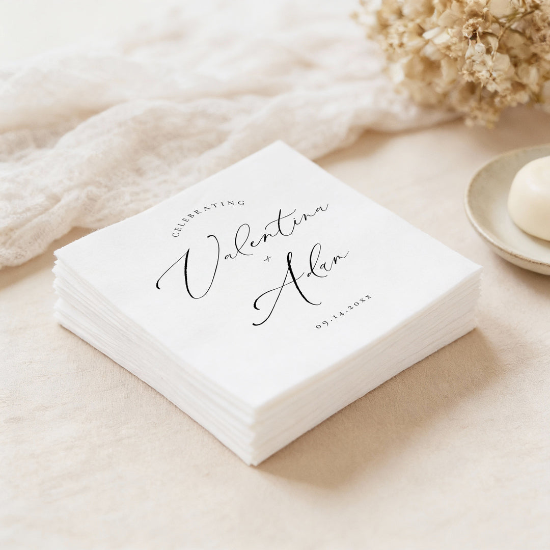 VALENTINA Personalized Black and White Elegant Wedding Napkins
