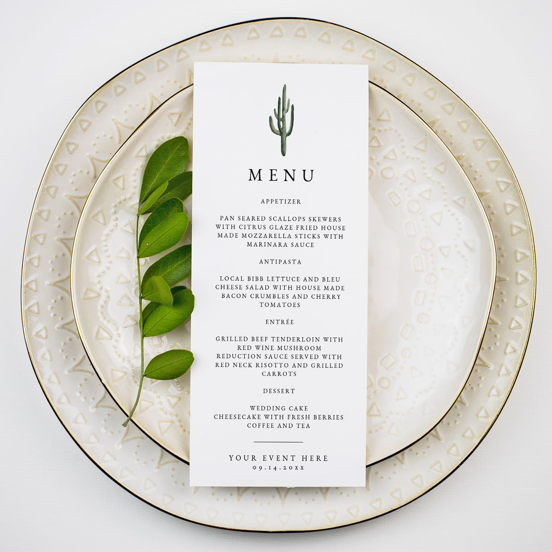 ELEANOR Minimalist Green Cactus Wedding Dinner Menu Card