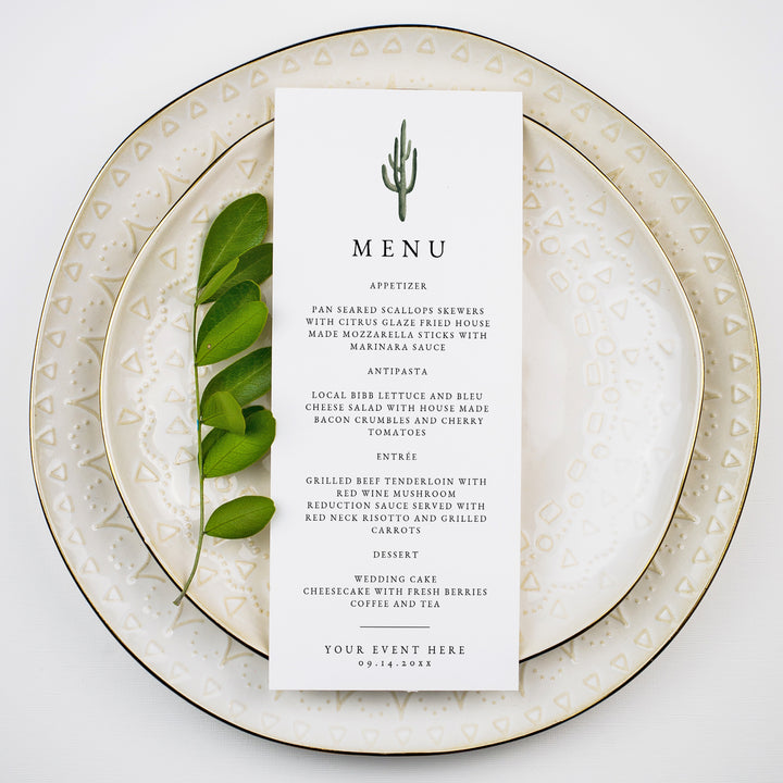 ELEANOR Minimalist Green Cactus Wedding Dinner Menu Card
