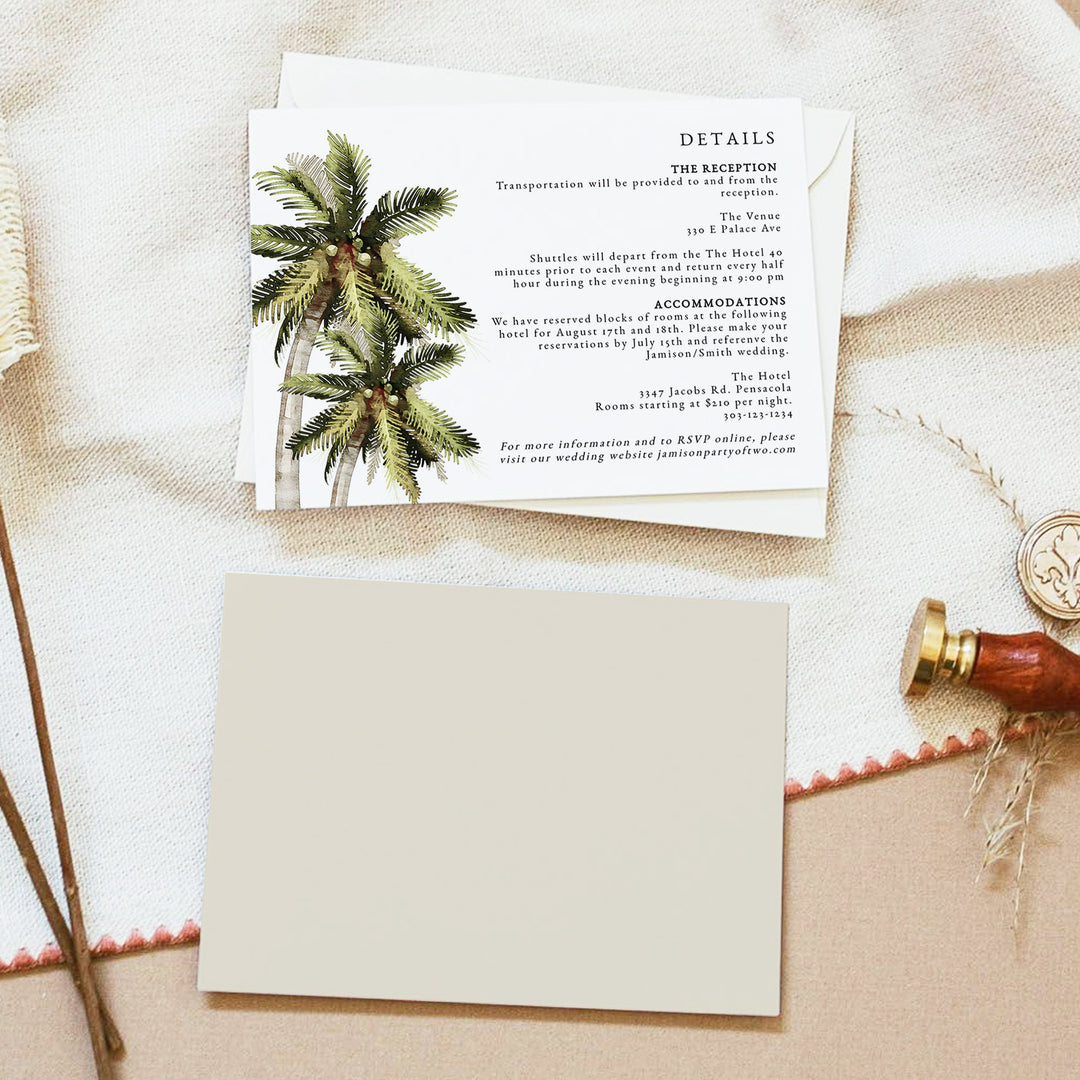 MONA Minimalist Palm Tree Wedding Details Card