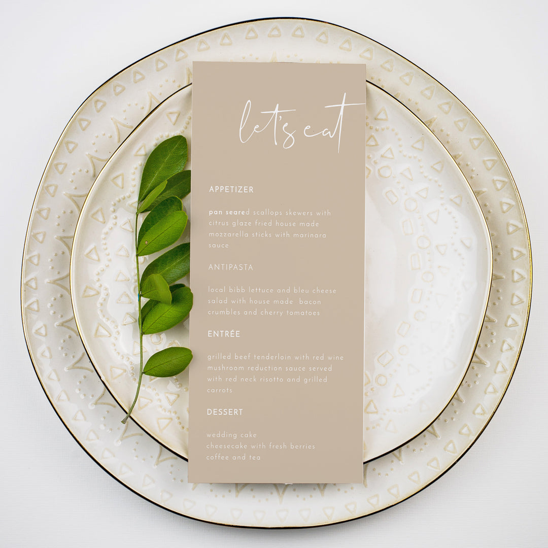 INDIE Beige Let's Eat Menu Cards for Desert Boho Wedding