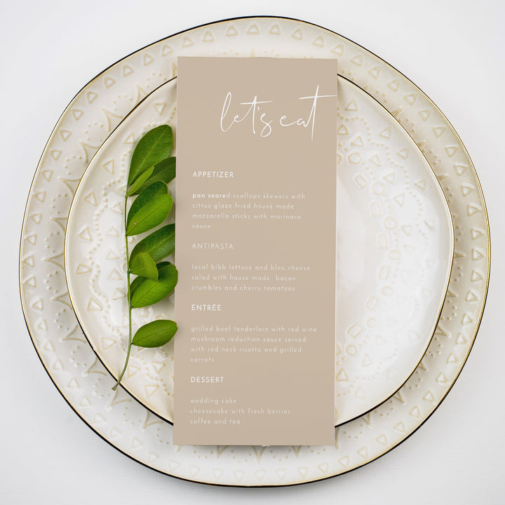 INDIE Beige Let's Eat Menu Cards for Desert Boho Wedding