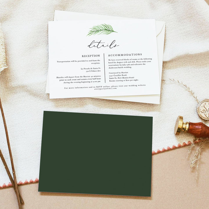CORA Green Tropical Palm Leaf Wedding Details Card