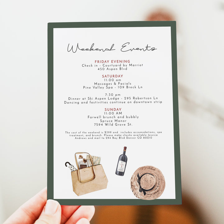 TIMBER Wine and Pines Camping Bachelorette Invitation & Itinerary