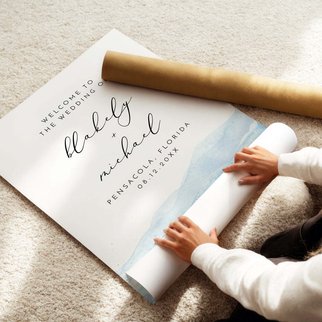 BLAKELY Blue Watercolor Coastal Wedding Welcome Sign
