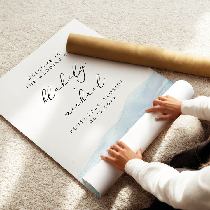 BLAKELY Blue Watercolor Coastal Wedding Welcome Sign