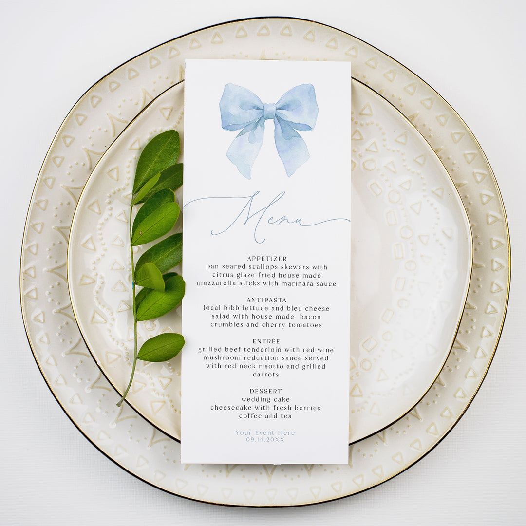 ANGELINA Elegant Dusty Blue Bow Menu Cards
