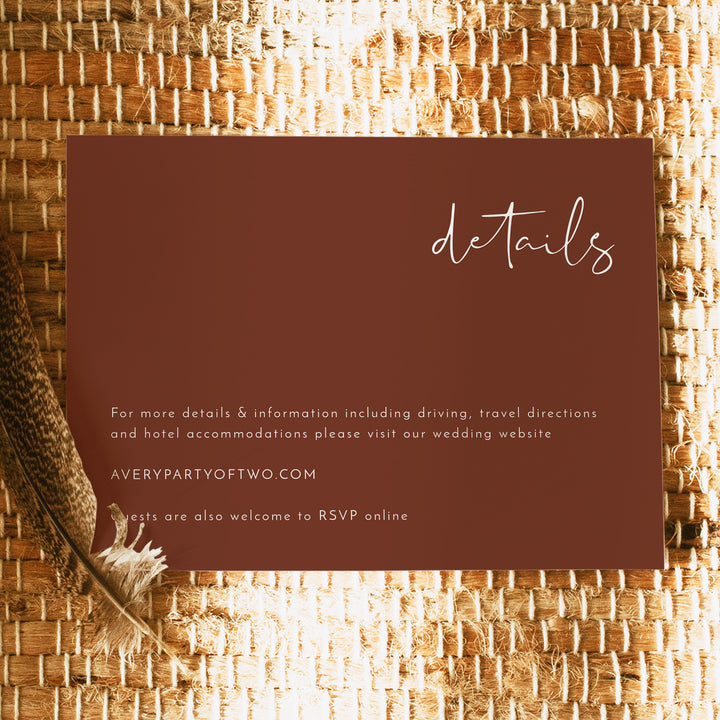 CORIANDER Simple Burnt Orange Desert Wedding Details Card