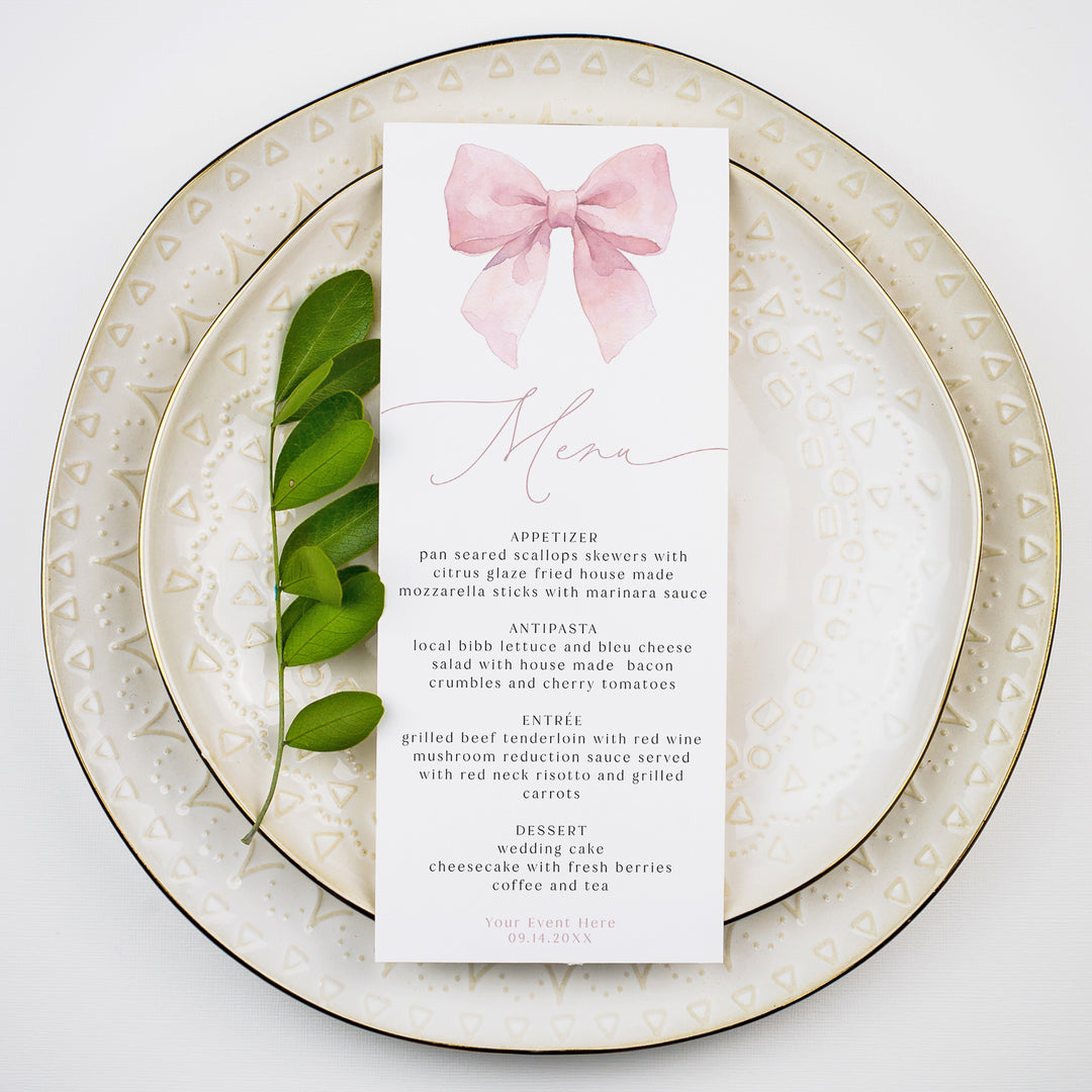ANGELINA Feminine Blush Pink Bow Menu Cards