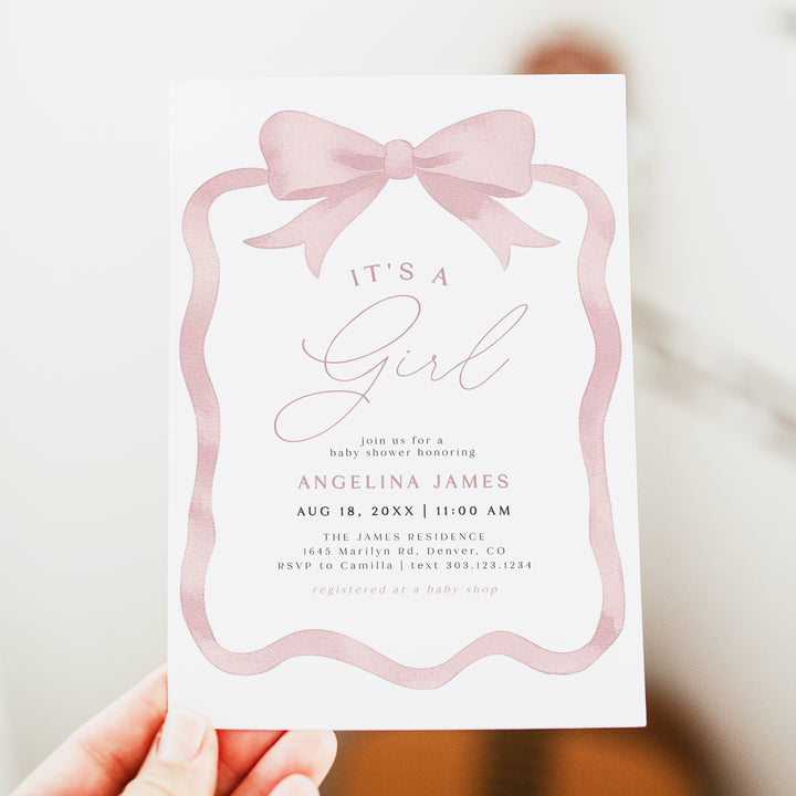 ANGELINA It's a Girl Pink Bow Baby Shower Invitation
