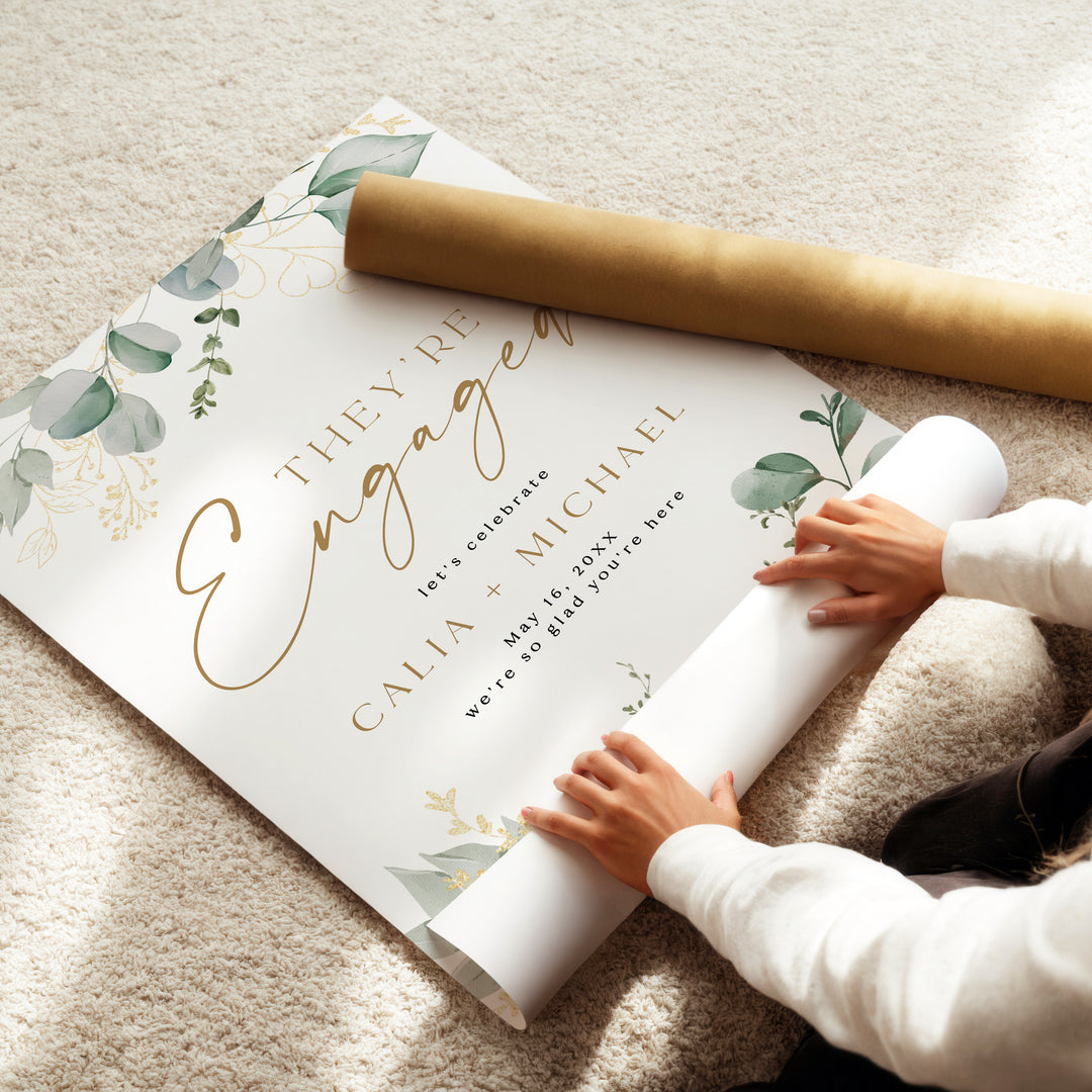 CALIA Green and Gold Botanical Engagement Party Welcome Sign