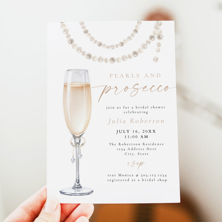 JULIA Pearls and Prosecco Elegant Champagne Bridal Shower Invitation