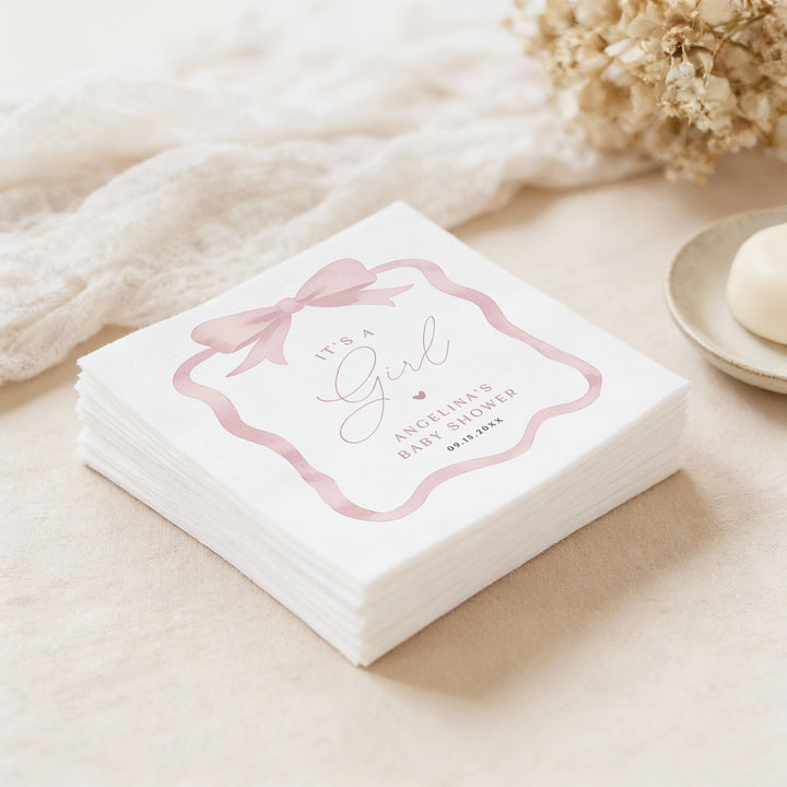 ANGELINA Elegant It's a Girl Pink Bow Baby Shower Napkins