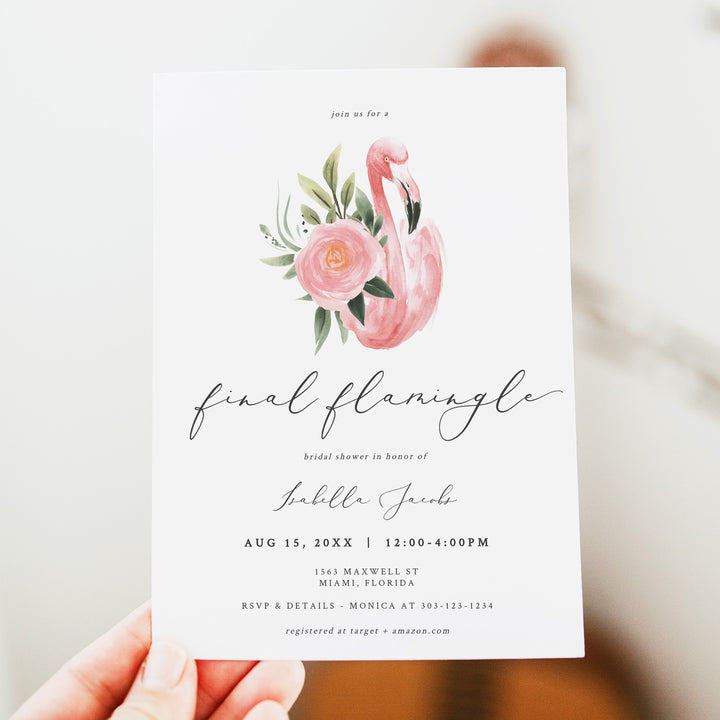 KAYA Final Flamingle Tropical Pink Flamingo Bridal Shower Invitation