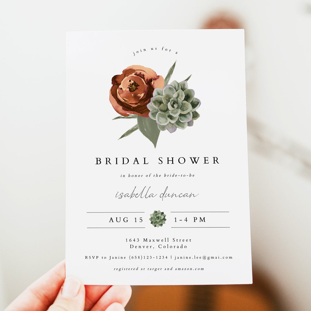 AVA Desert Succulent and Floral Bohemian Bridal Shower Invitation