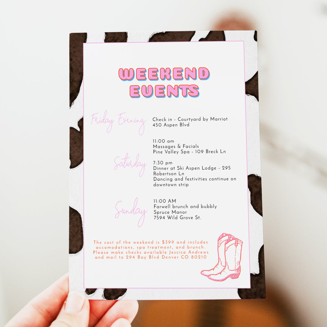 DINA Pink Disco Cowgirl Texas Bachelorette Invitation & Itinerary