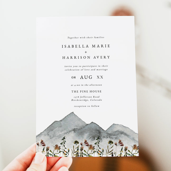 HEIDI Rustic Outdoor Wedding Invitation with Watercolor Mountains