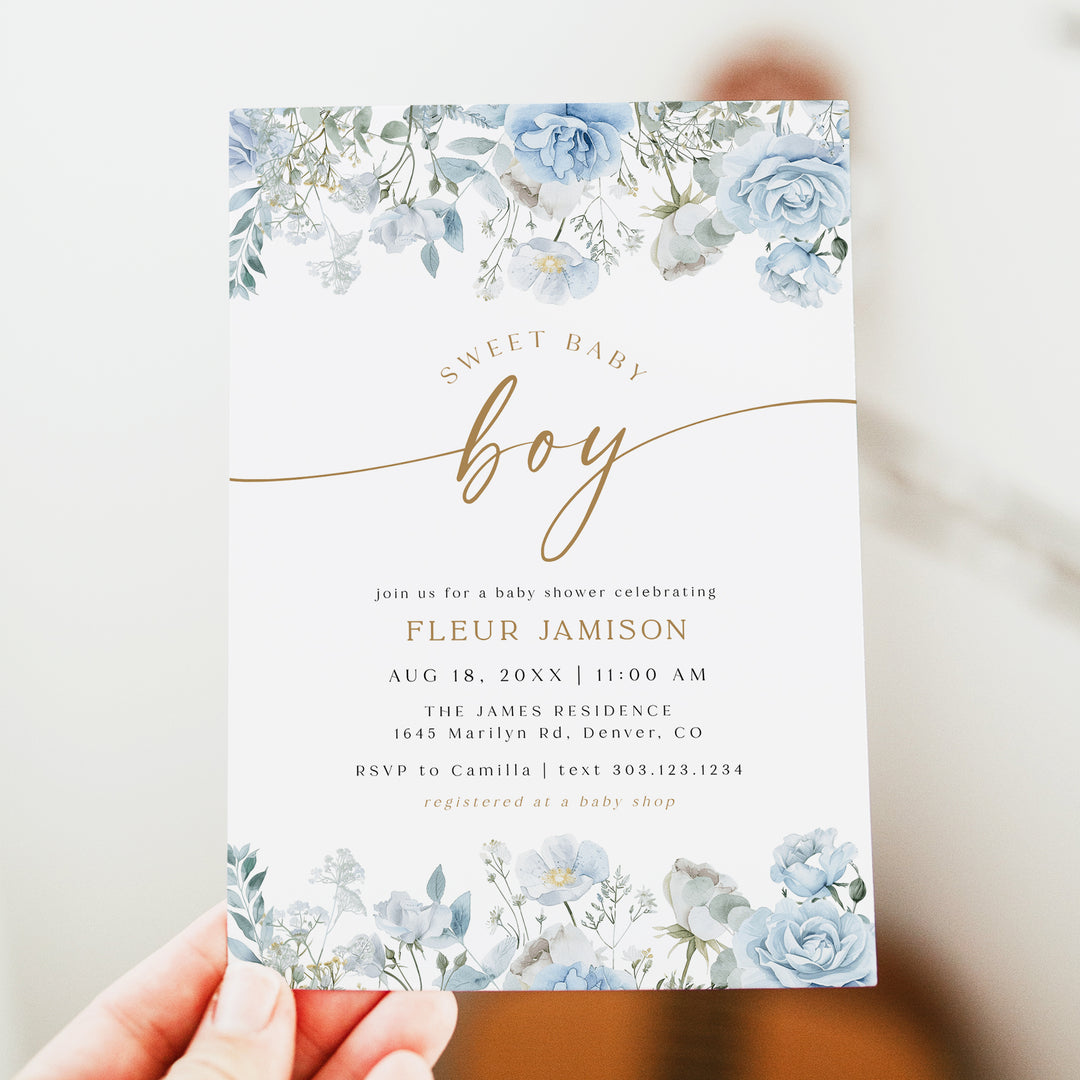 FLEUR Sweet Baby Boy Blue Floral Baby Shower Invitation