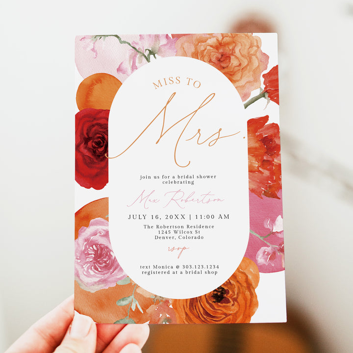 MAX Miss to Mrs Hot Pink & Orange Floral Bridal Shower Invitations