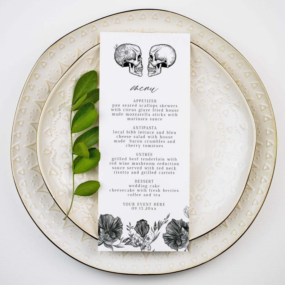 NOVA Dark Romance Skull Menu Cards for October Wedding