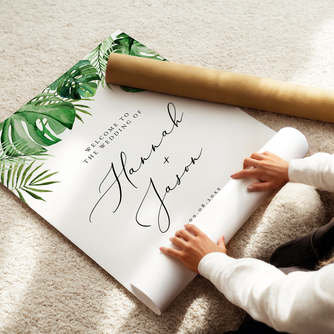 CORA Green Watercolor Monstera and Palm Wedding Welcome Sign