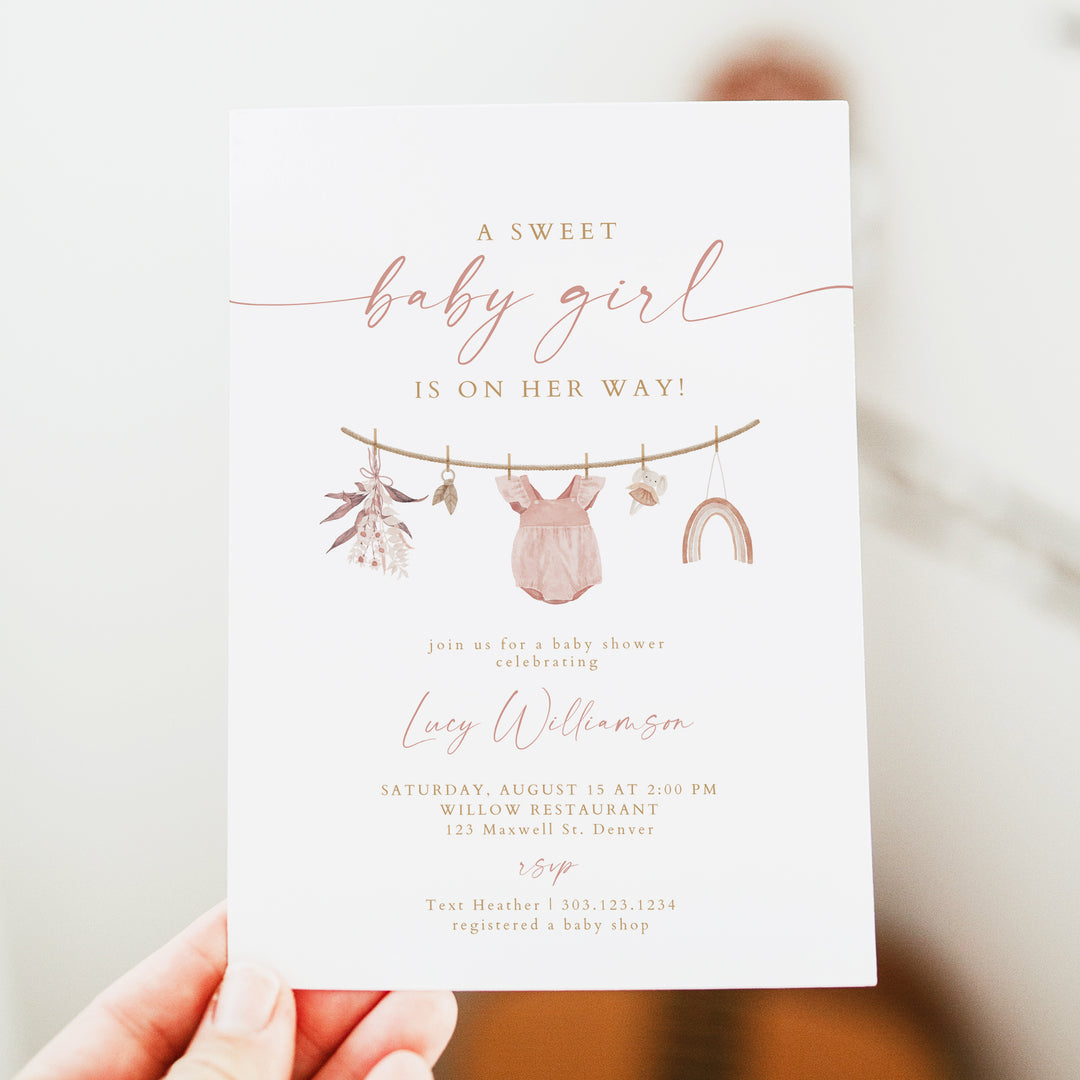 LUCY Blush Pink Girl Clothesline Baby Shower Invitation