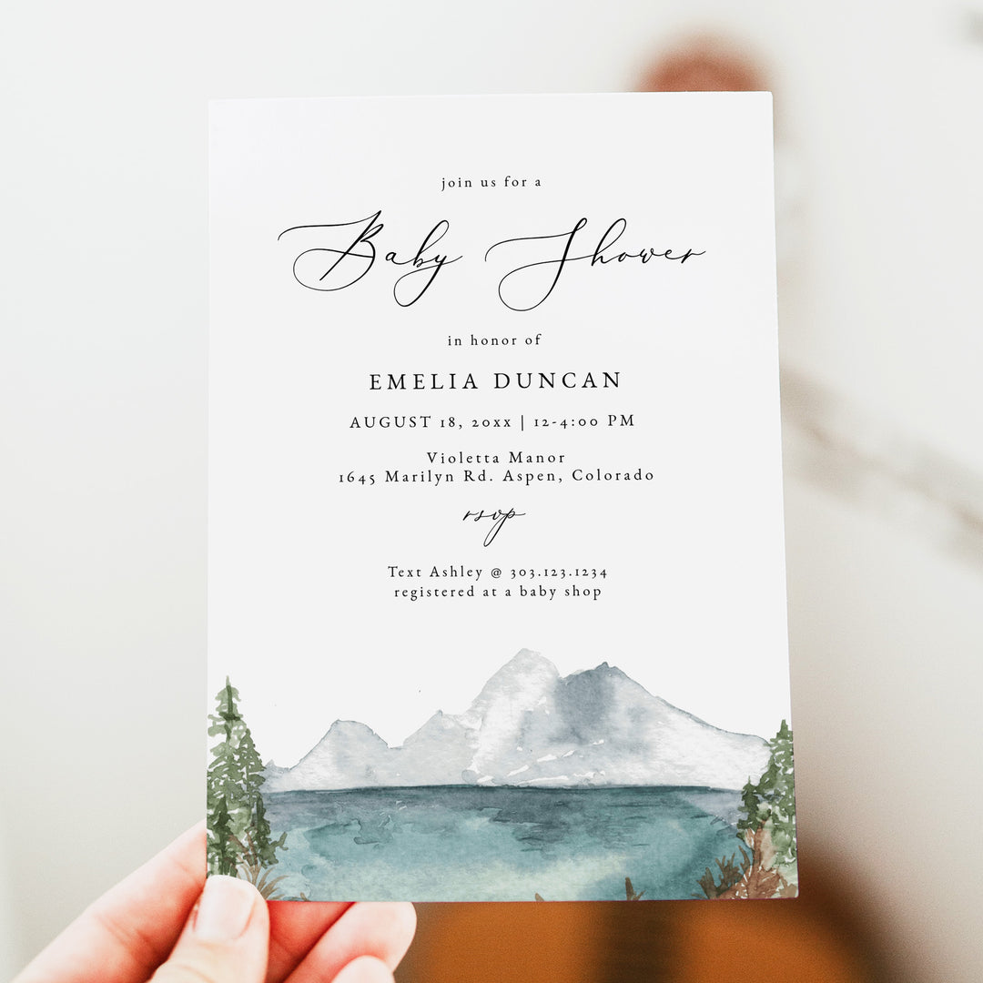 CLOVER Rustic Woodland Mountain Baby Boy Shower Invitations