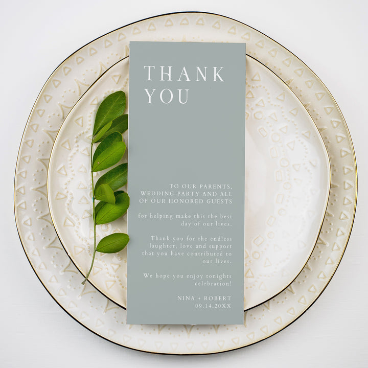 NINA Minimalist Sage Green Wedding Table Thank You Cards