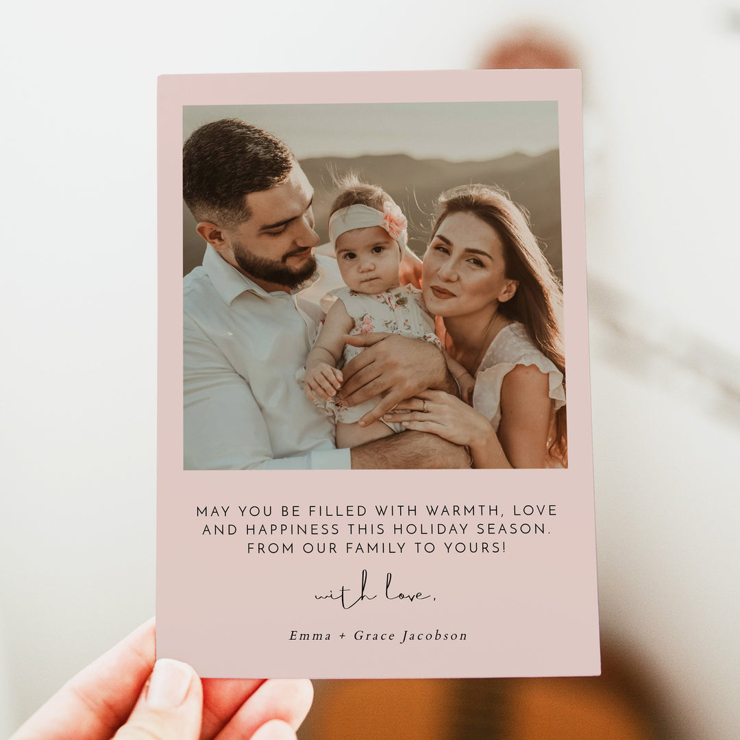 JALAINE Modern Blush Pink Happy Holidays Card with Photos