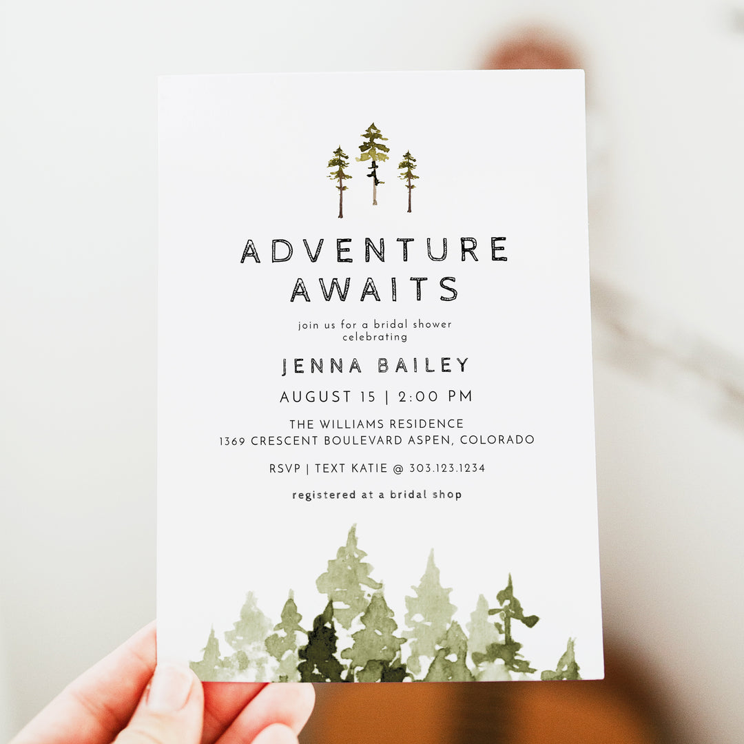 JENNA Forest Green Adventure Awaits Bridal Shower Invitations