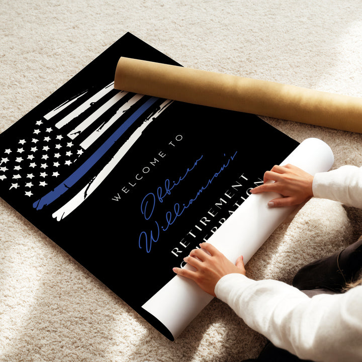 POLICE Black Retirement Party Sign with Thin Blue Line Police Flag