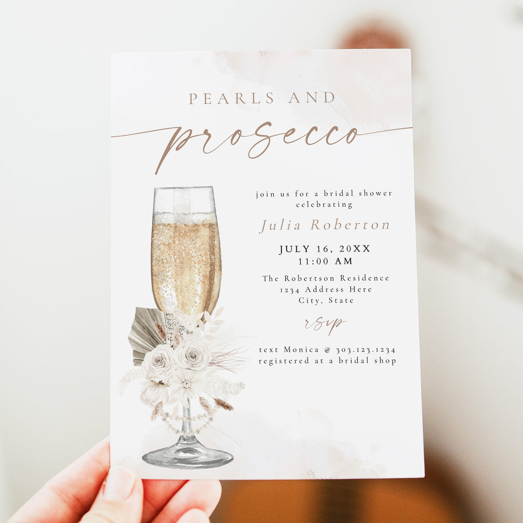JULIA Pearls and Prosecco Boho Floral Bridal Shower Invite