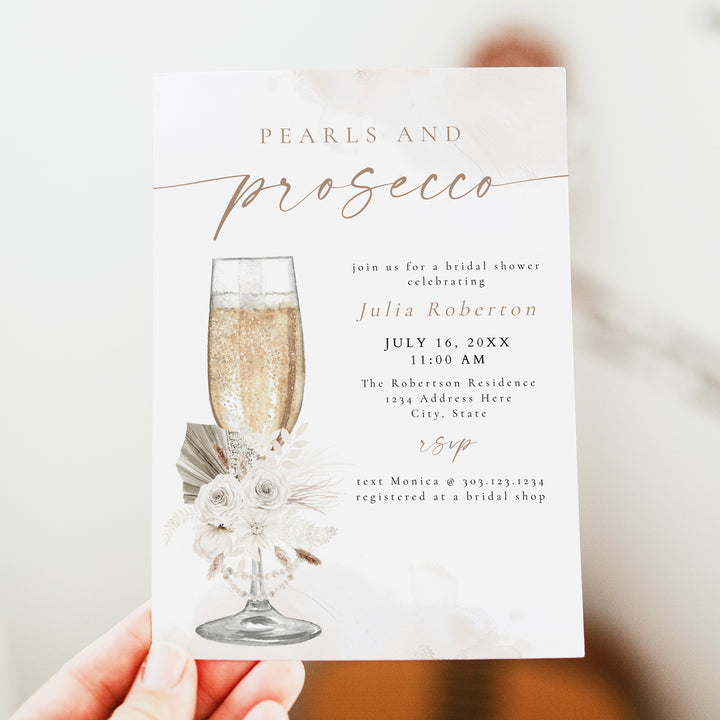 JULIA Pearls and Prosecco Boho Floral Bridal Shower Invite