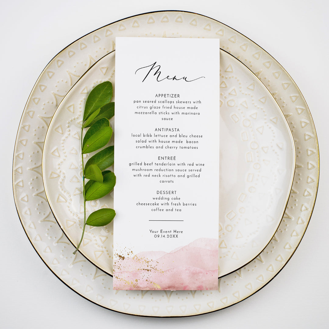 JULIEN Blush Pink and Gold Watercolor Menu Cards