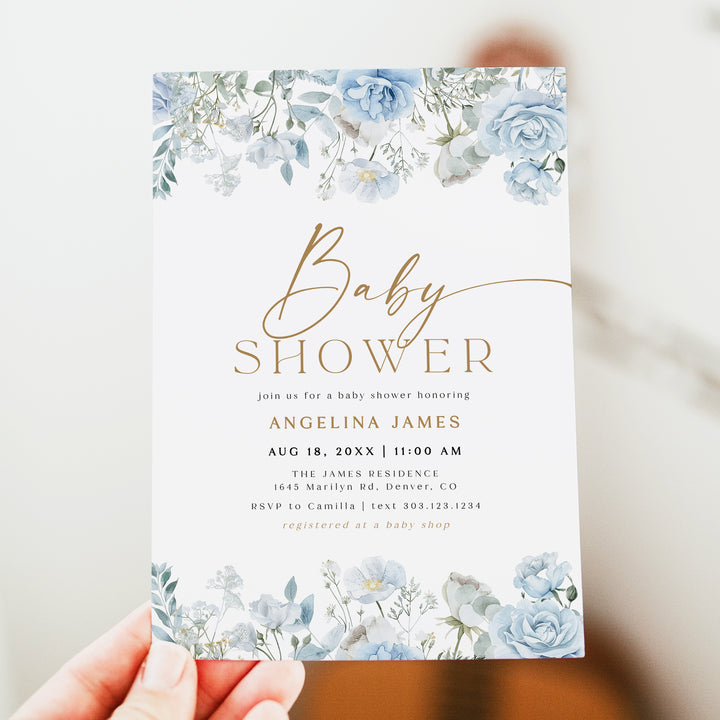 FLEUR Elegant Blue Floral Brunch Baby Shower Invitation
