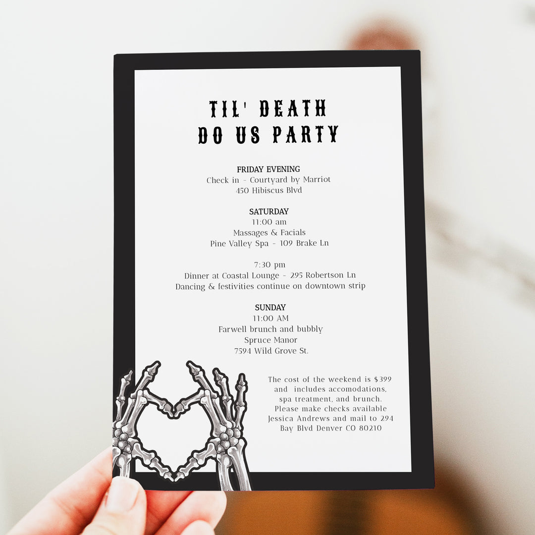 NOVA Bride or Die Bachelorette Invitation & Weekend Itinerary