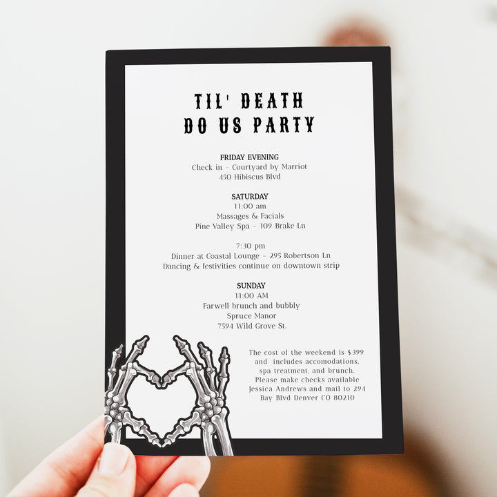 NOVA Bride or Die Bachelorette Invitation & Weekend Itinerary