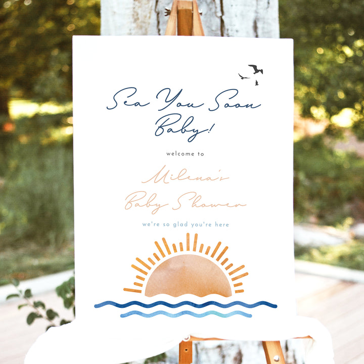 OCEANSIDE Tropical Beach Sea You Soon Baby on Board Baby Shower Welcome Sign