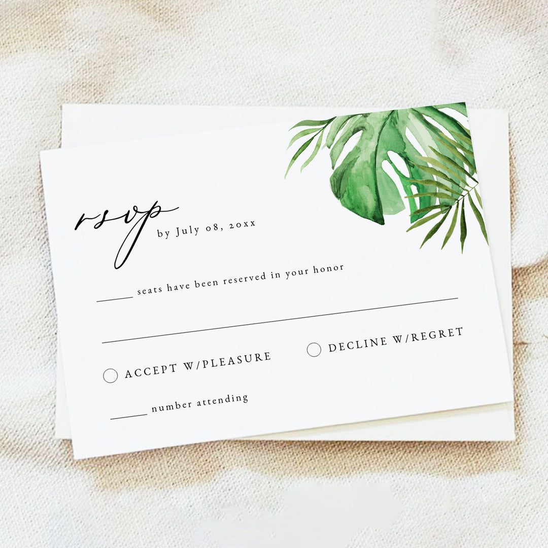 CORA Green Monstera Palm Wedding Invitation Suite with Photo