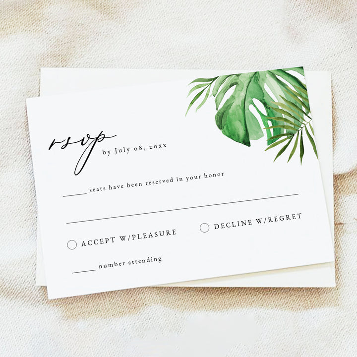 CORA Green Monstera Palm Wedding Invitation Suite with Photo