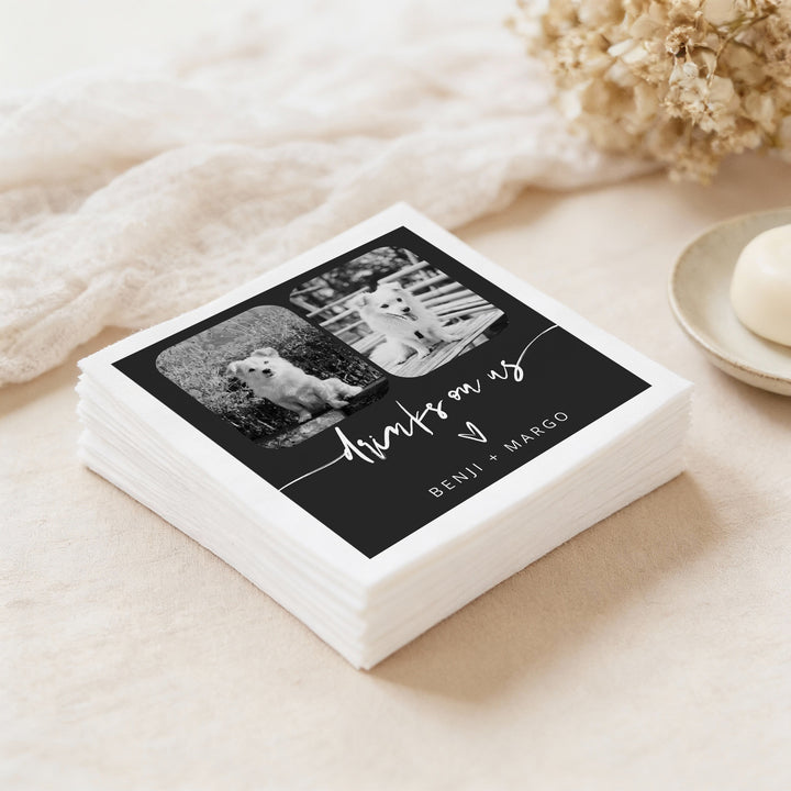 PRIYA Drinks On Us Black and White Pet Photo Napkins for Wedding